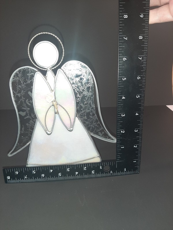 Stained Glass Etched Angel Free Standing Iridescent Metal Holding Flower 8” VTG gallery