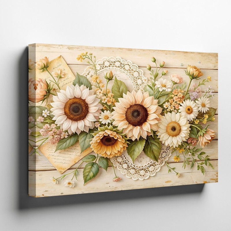 Sunflower and Daisy Floral Canvas Wall Art with Vintage Lace and Letter Decor