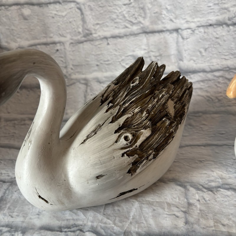 Lot of 2 Swan Decoy Primitive Woodland Cabin Decor Faux Wood Resin gallery