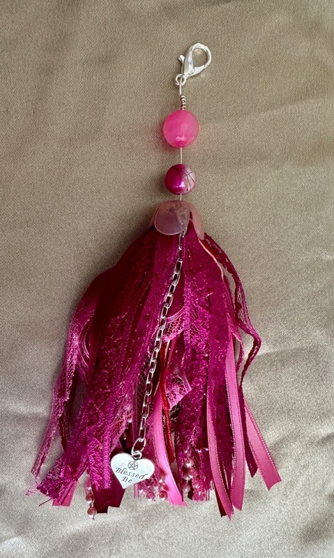 Mixed fiber TASSEL *handmade* PINK, 8 in, lobster clasp BLESSED BE,tree of life gallery