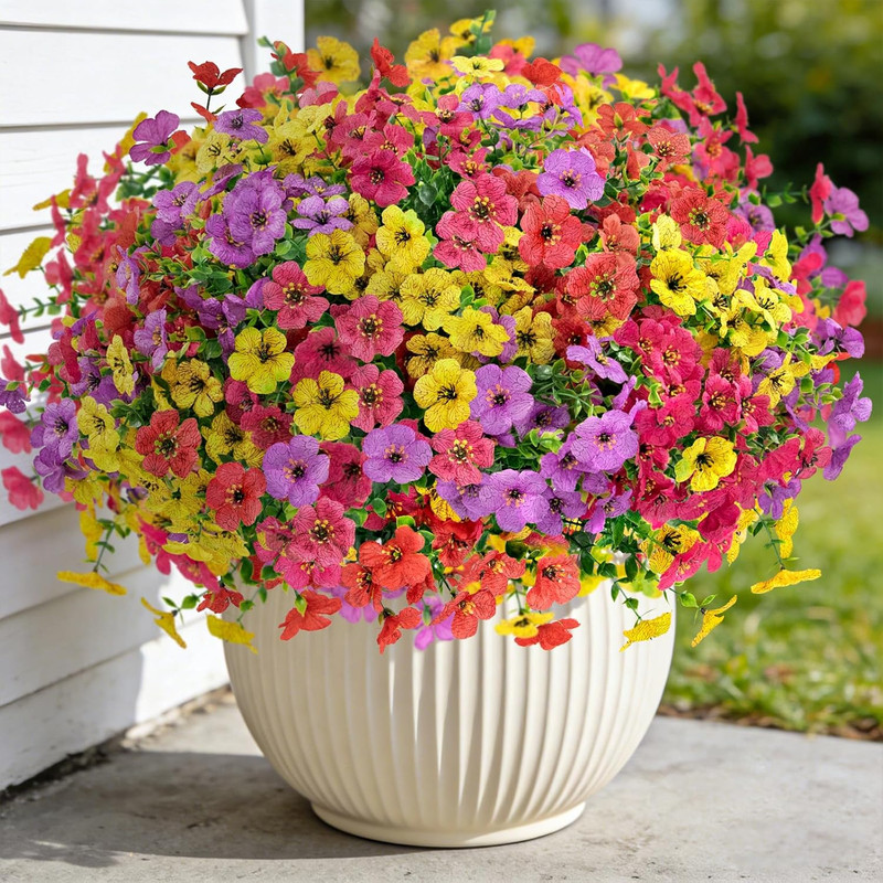 12 Bundles Artificial Flowers for Outdoors, Fake Silk Plastic Flowers for Outsid