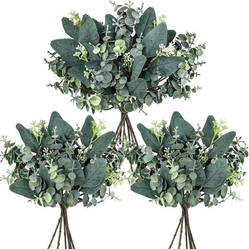 20 Pcs Mixed Artificial Oval Eucalyptus Leaves Bulk with White Seeds Stems and S