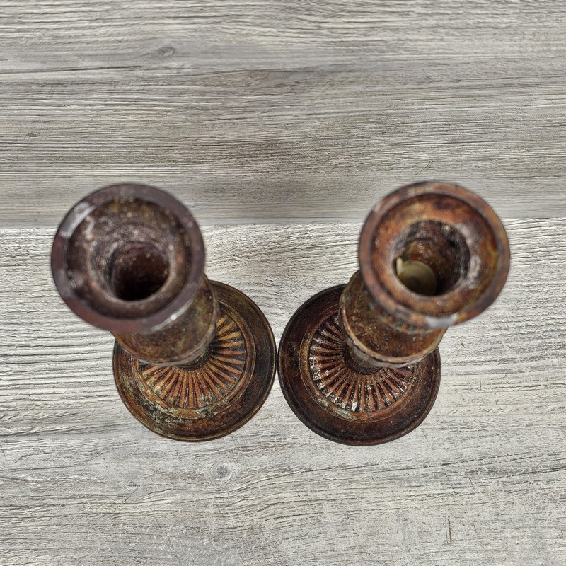 Rustic Brown Metal Candlestick Holders Pair Tall Primitive Taper Candle Decor gallery