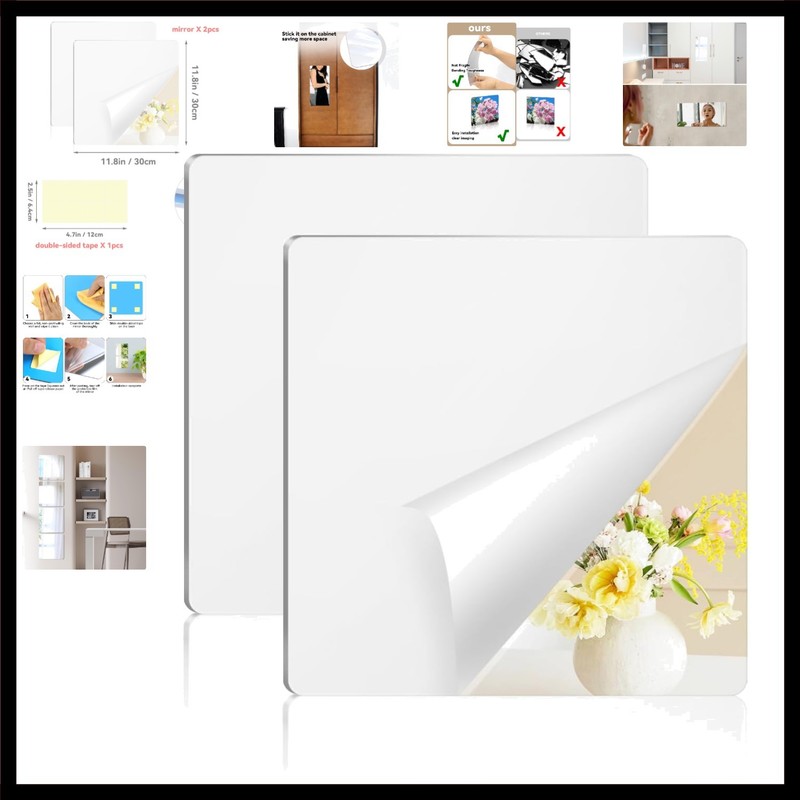 2 Pack Self Adhesive Acrylic Mirror, 2MM Flexible Plastic Mirror, Shatterproo…