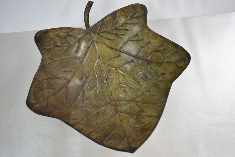 Vintage Leaf Metal Large Centerpiece Bowl Footed Metal Platter 14″