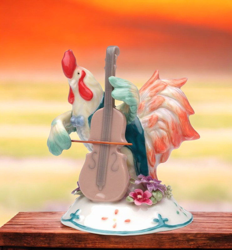 Ceramic Rooster Playing Bass Instrument Figurine, Bass Player Gift, Musician Gif
