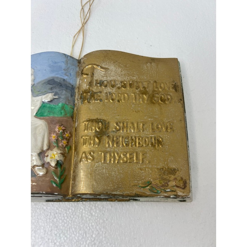 Vintage Hand Painted Ceramic Jesus Book Wall Plaque Scripture Religious Art 6x9 gallery