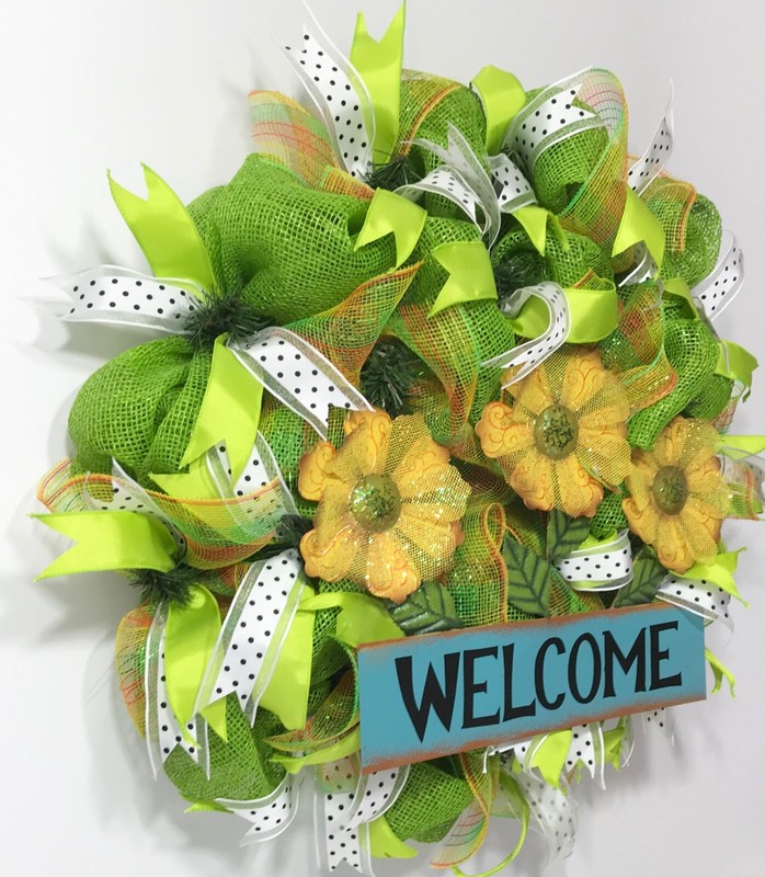 SUMMER WREATH GREEN DECO MESH YELLOW DAISY FLOWERS METAL WELCOME SIGN RIBBONS gallery