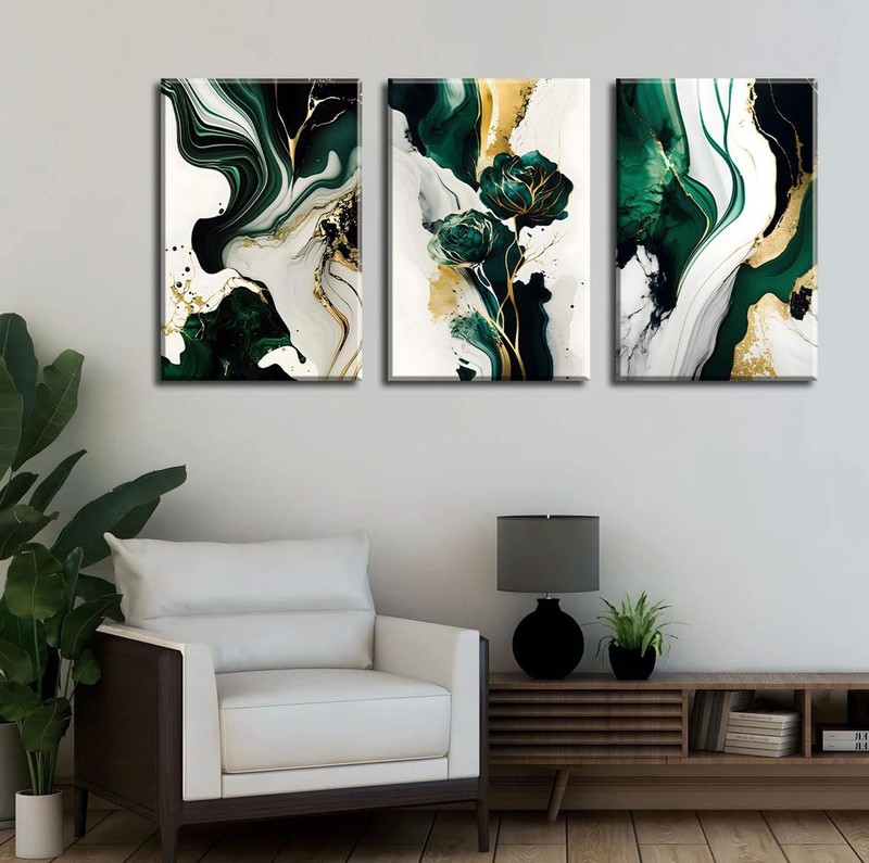 3Pcs Framed Emerald Green Wall Art, Modern Green and Gold Abstract Marble Can... gallery