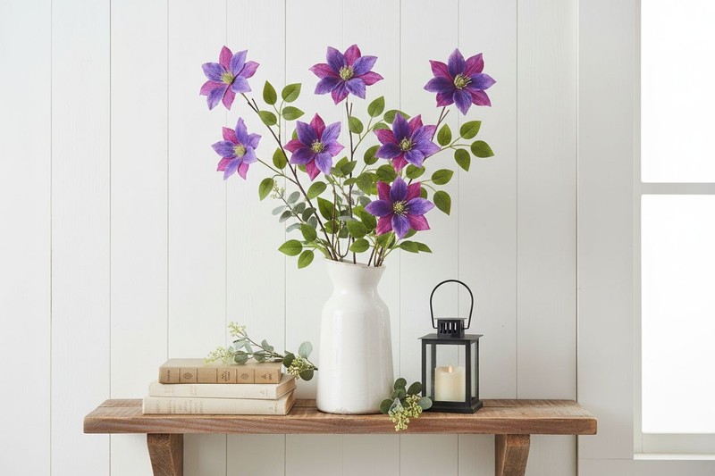 Set of 2 Purple Clematis Stems Faux Flower Branches Floral Decor Cottagecore gallery