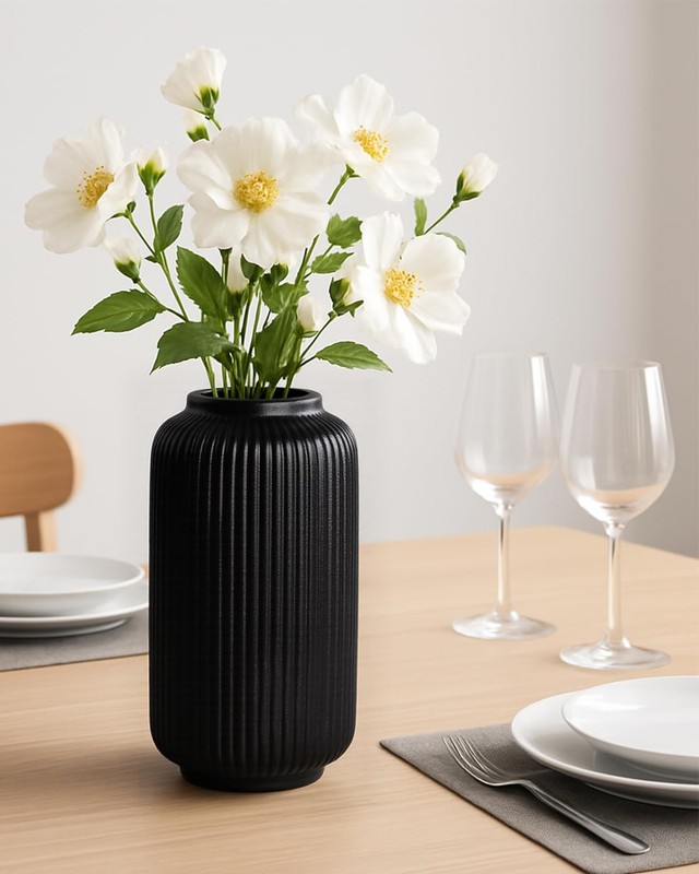 Matte Black Ceramic Flower Vase 8 Inch Ribbed Decorative Centerpiece gallery