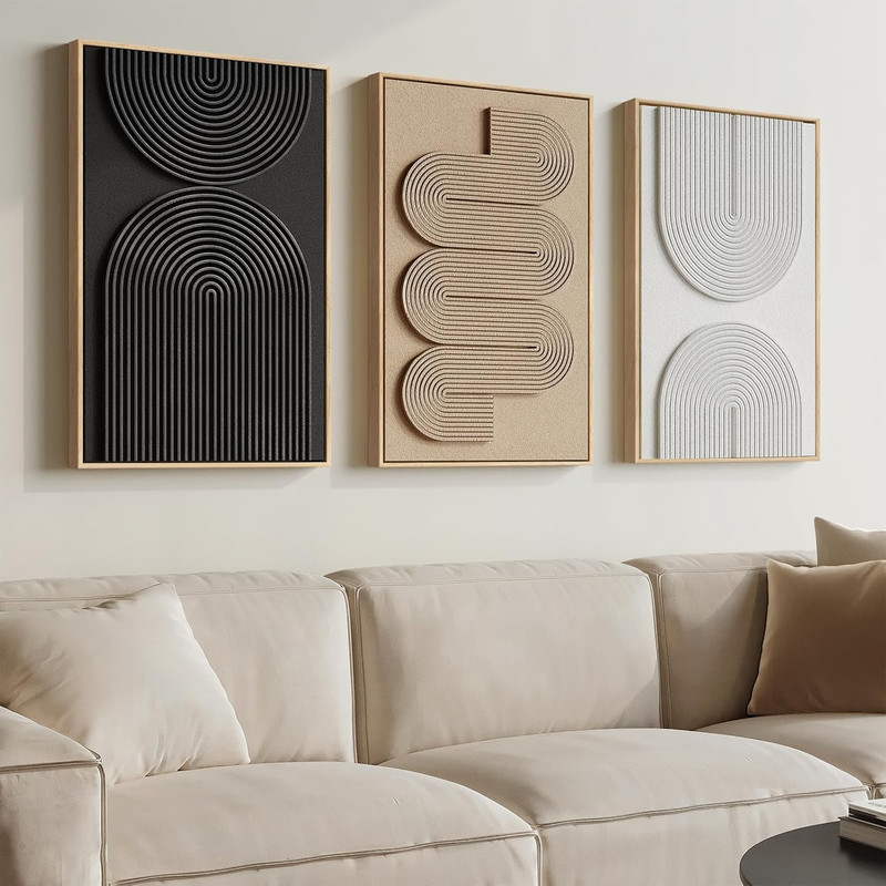 3D Textured Framed Boho Neutral Abstract Wall Art, 3 Piece Modern Artwork for Wa