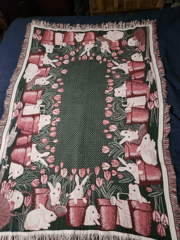 Vintage 1994 WWM Bunny Gardening Tapestry Throw Blanket Tulip Border 46×68