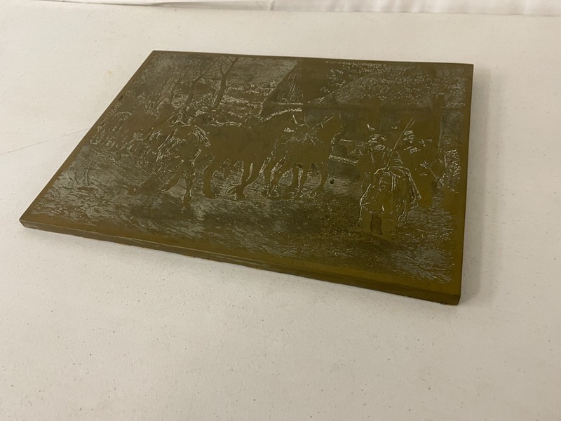 Antique Brass Etched Metal Plaque Equestrian Farm Scene Wall Hanging Decor gallery
