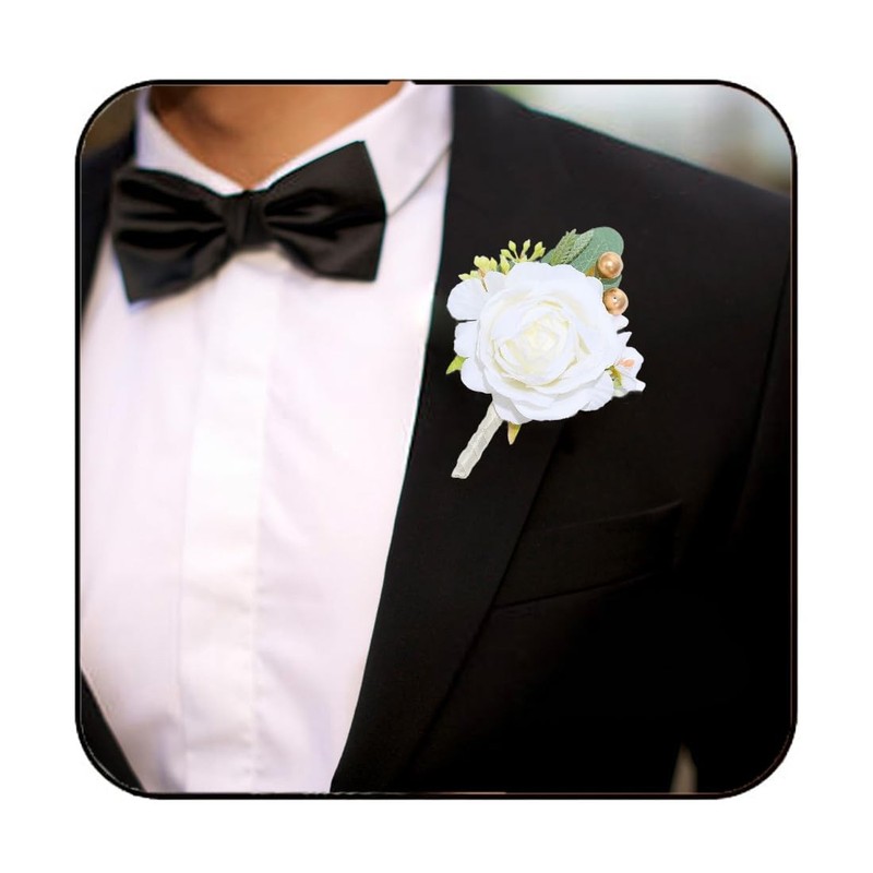 White Rose Boutonniere, Groom, Bride, Wedding, Flower Buttonholes, Prom, Men