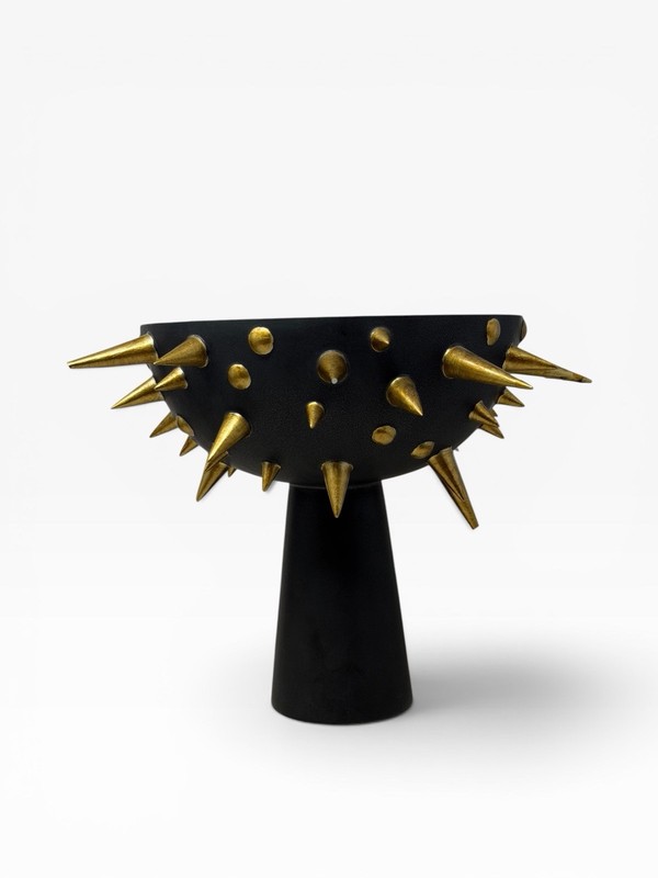 L’Objet Celestial Bowl on Stand Black & Gold Vase Spikes Modernist Vase As Is