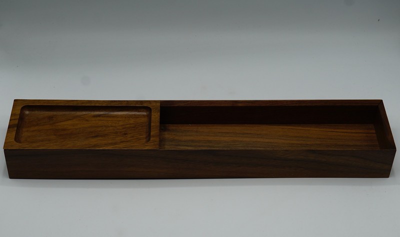 Crate & Barrel Walnut Wood Tray with Sliding Drawer Desk Organizer Storage Box