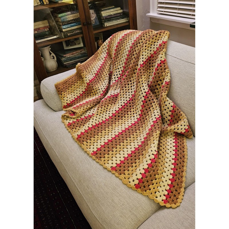 Vintage crocheted 1970s afghan throw, golden earth tone stripes w/red accents