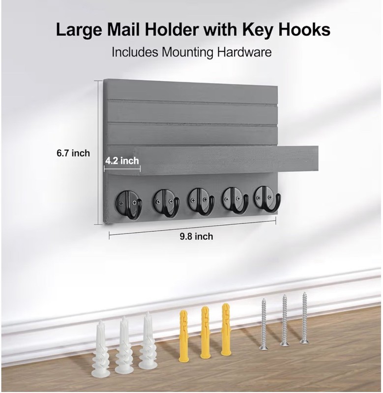 Gray Rustic Wall Mounted Key & Mail Rack Combo, Shelf, Hooks, 9.8" x 6.7" gallery
