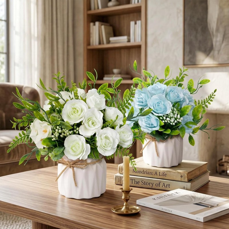 Artificial Silk Roses in Ceramic Vase, No Maintenance Faux Flower Arrangement gallery