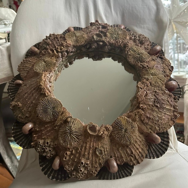 Seashell Mirror Wall Decor 15" Signed '02 Heavy round Hayes Parker Tan Beige gallery