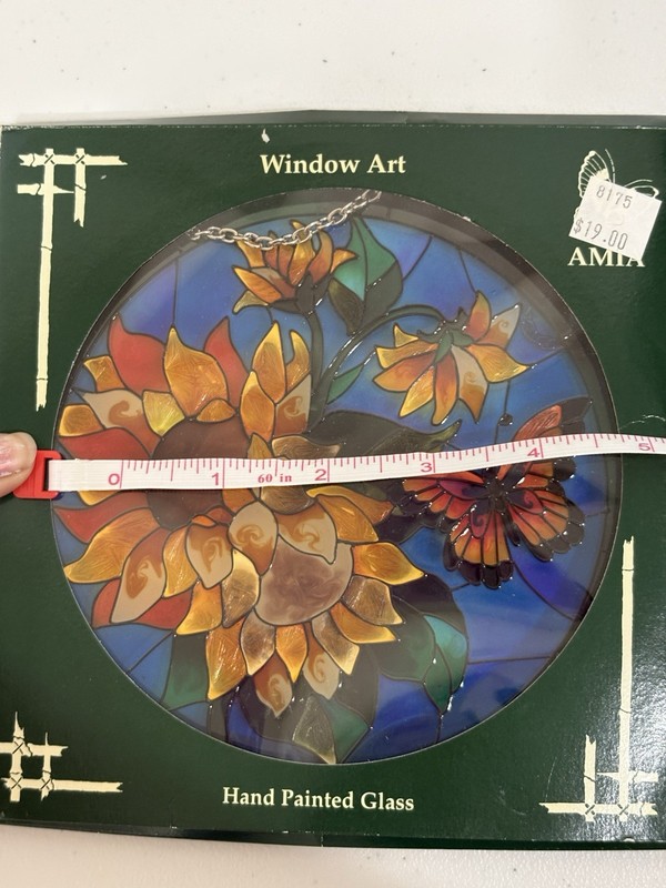 Amia Hand Painted Stained Glass Window Art Panel Sun Catcher Sunflower Butterfly gallery