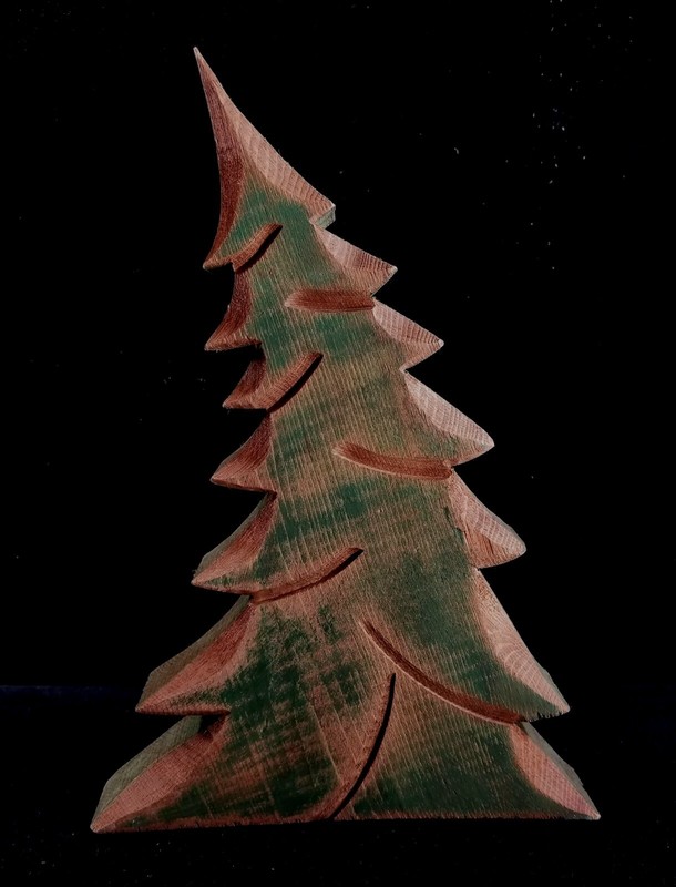 Green Painted 10″ Carved Wood Leaning Pine Tree Decoration Xmas & Other 10x7x1.5