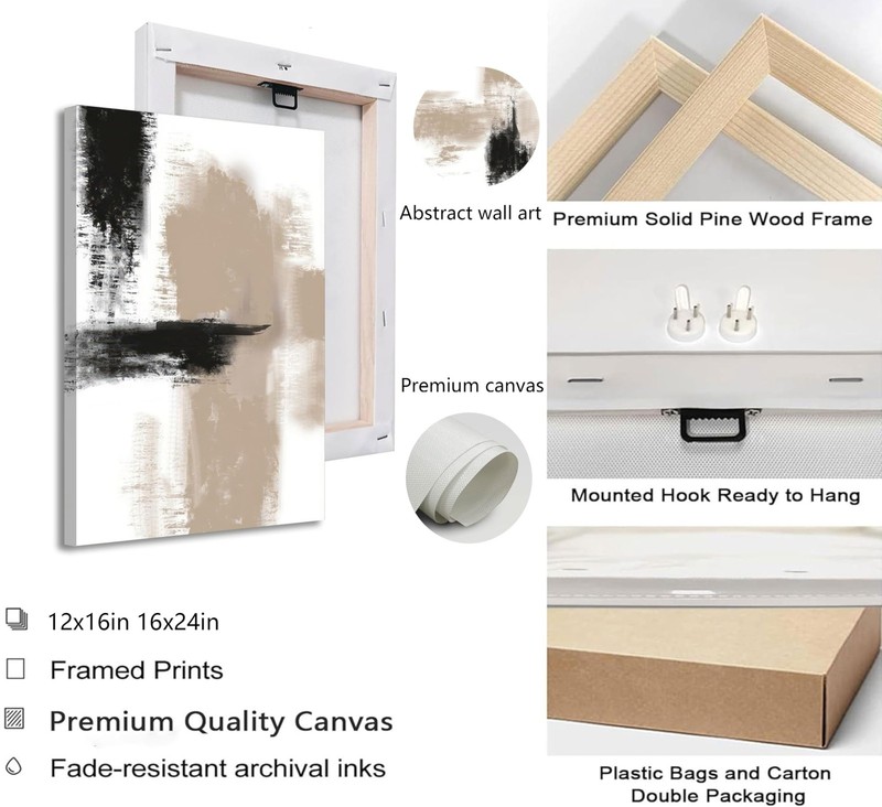 3Pcs Neutral Abstract Canvas Wall Art Black Beige Picture Wall Decor Modern M... gallery