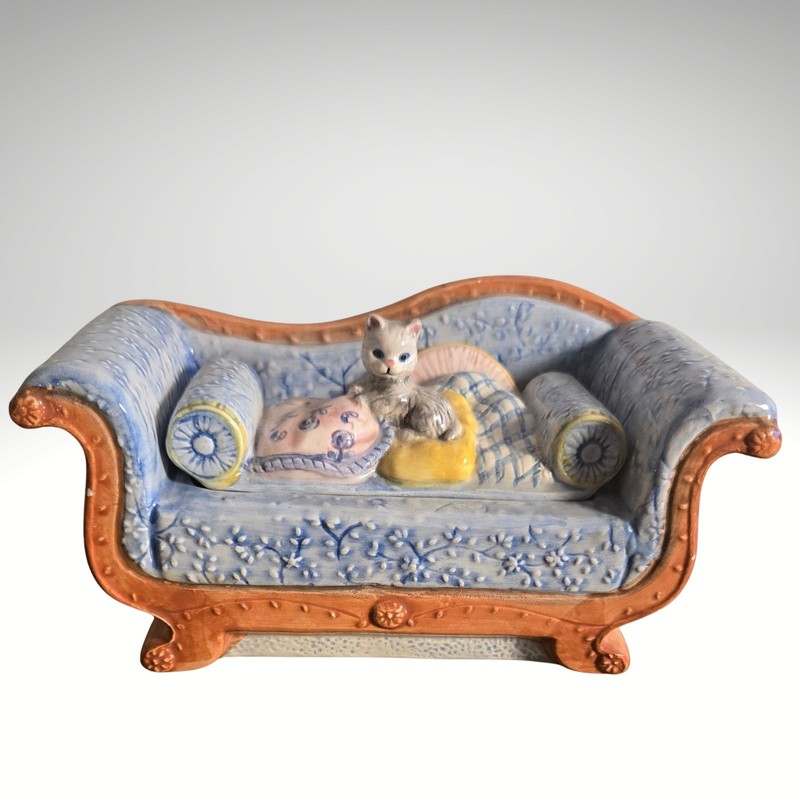 Vtg Dolomite Ceramic Cat on Sofa kitsch Trinket Box Blue MCM Victorian Settee