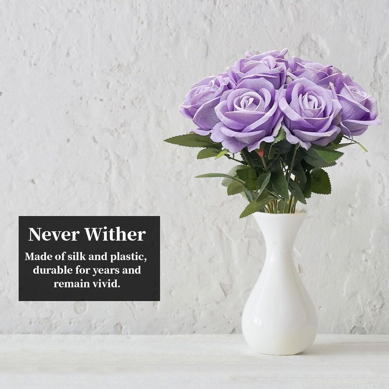 10PCS Artificial Roses Flower with Stems Slik Fake Flowers Light Purple gallery