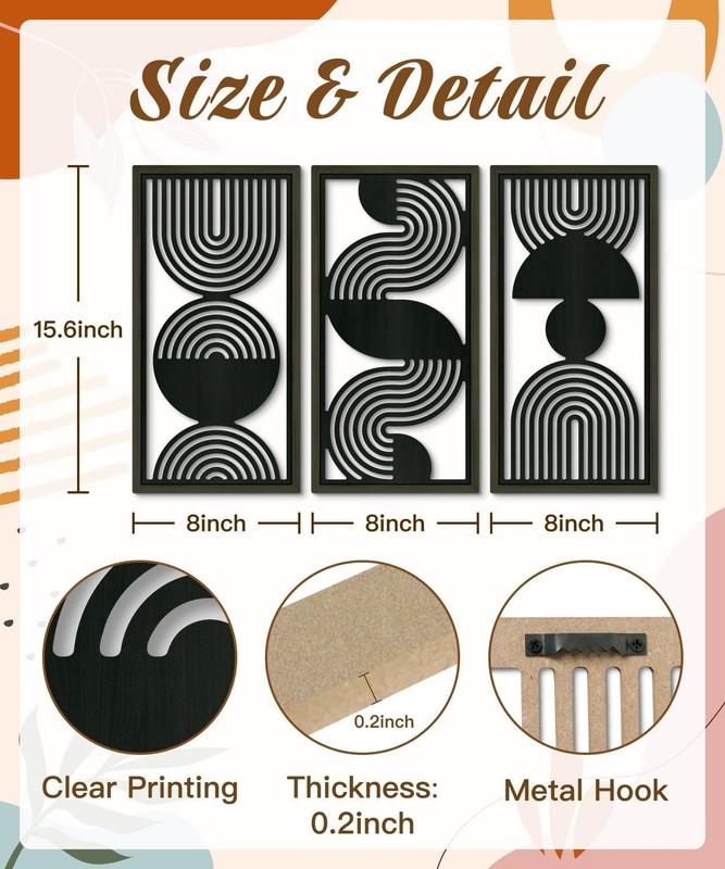 3 PCS Modern Minimalist Black & Gray MDF CutOut Geometric Line Wall Art Panel gallery