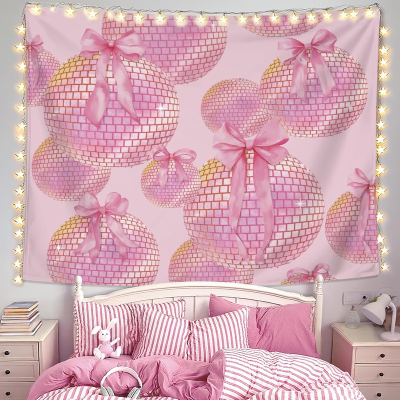 Hot Pink Bow Tapestry Preppy Trendy Retro Disco Ball Girly Wall Decor 50×60″