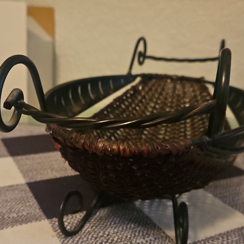 Oval Wicker & Metal Basket with Scroll Handles, Freestanding, Brown/Black gallery
