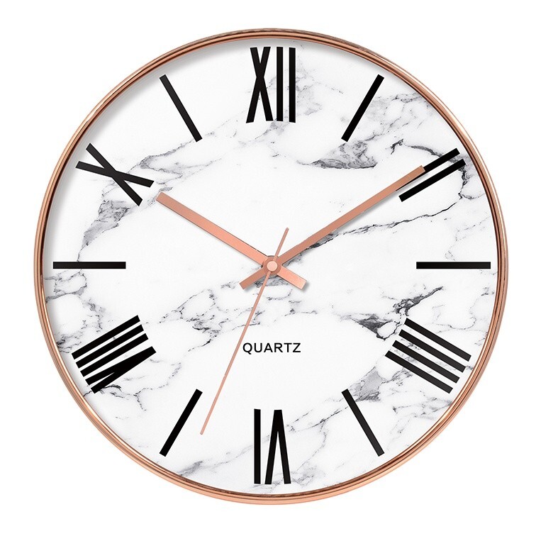 Rose Gold and White Marble Design, Silent Non-Ticking 12 Inch Wall Clock, Modern