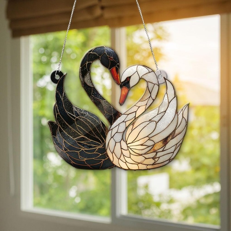 Black & white swan acrylic suncatcher, romantic gift for couples