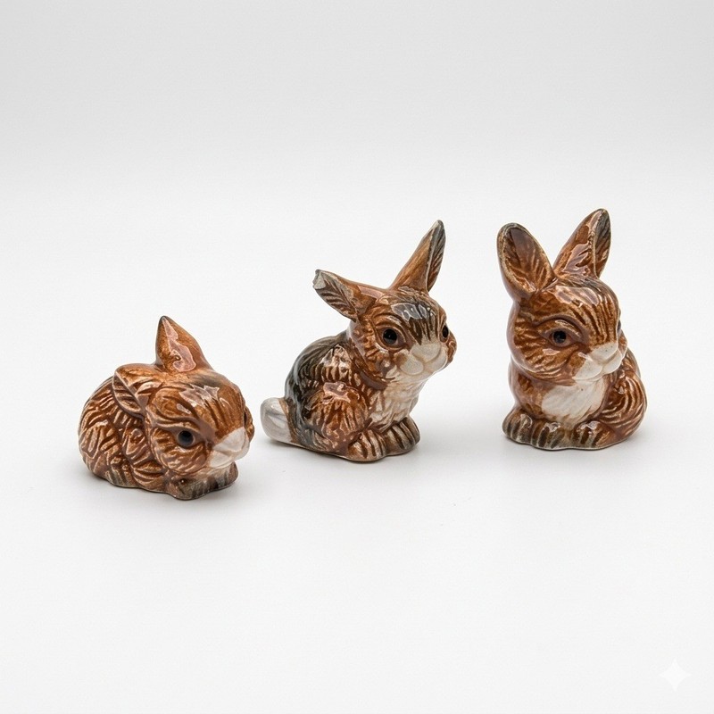 Vintage Ceramic Rabbit Trio Family Figurines Brown Glazed Bunny Easter Decor 3pc