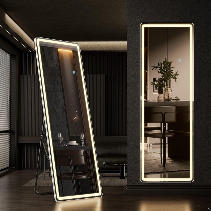 64″x21″/60″x16″ Full Length Mirror with LED Lights Full Body Standing Floor Mirr