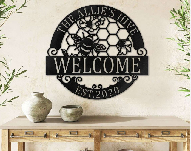 Personalized Welcome Bee Garden Yard Home Name Metal Wall Decor Sign Black