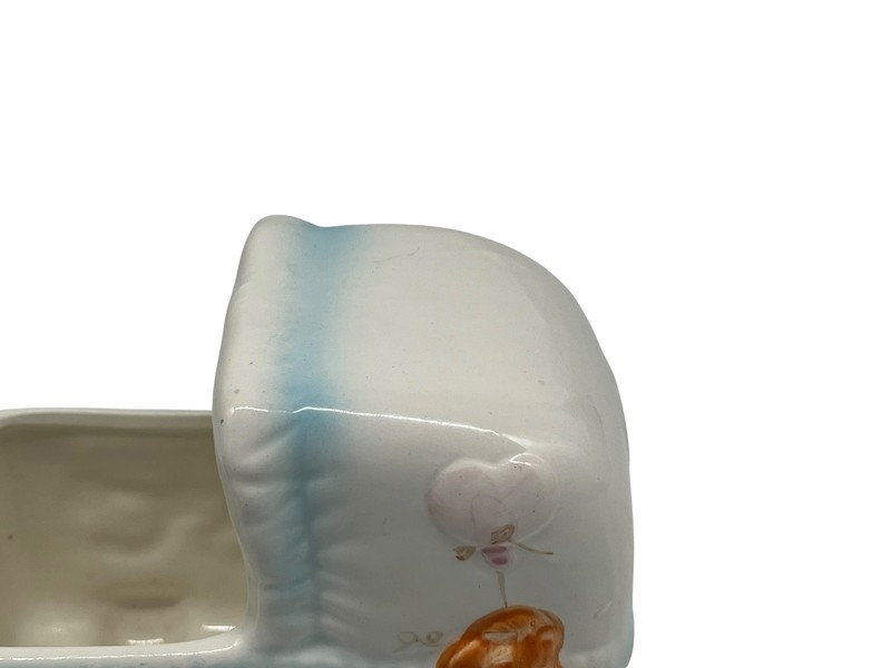 Ceramic Baby Carriage Planter Holder Teddy Bear ABC Vintage 5" X 3.5" X 5" gallery
