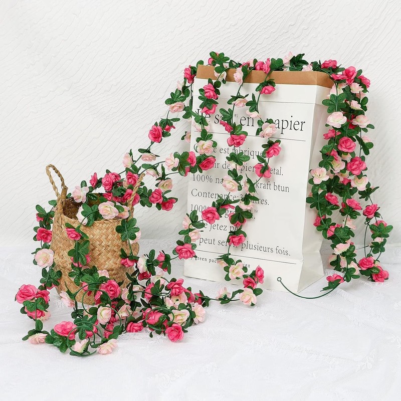 18 Pack 144 FT Artificial Flower Garland, Fake Pink Roses Vines Silk Flowers gallery