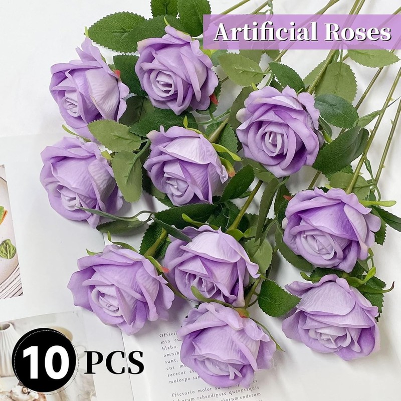 10PCS Artificial Roses Flower with Stems Slik Fake Flowers Light Purple gallery