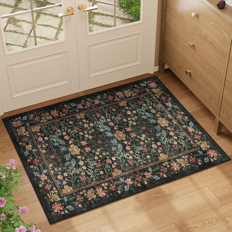 2x3 Entryway Rug, Floral Washable Area Rug with Non Slip Indoor Door Mat, gallery