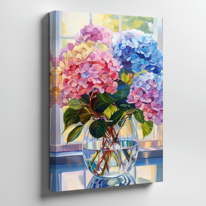 Hydrangea Flowers Canvas Wall Art Floral Painting Blue Pink Yellow Bouquet Print