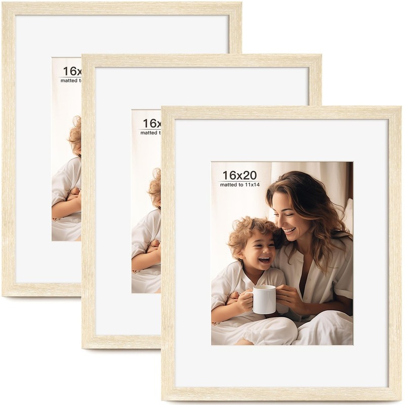16×20 Picture Frame with Mat for 11×14 Set of 3, Natural Wood Grain 16×20 Frames
