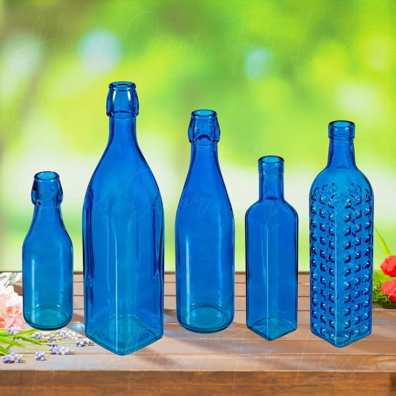 Set of 5 Cobalt Blue Decorative Glass Wine Bottles For Bottle Tree Garden Stake