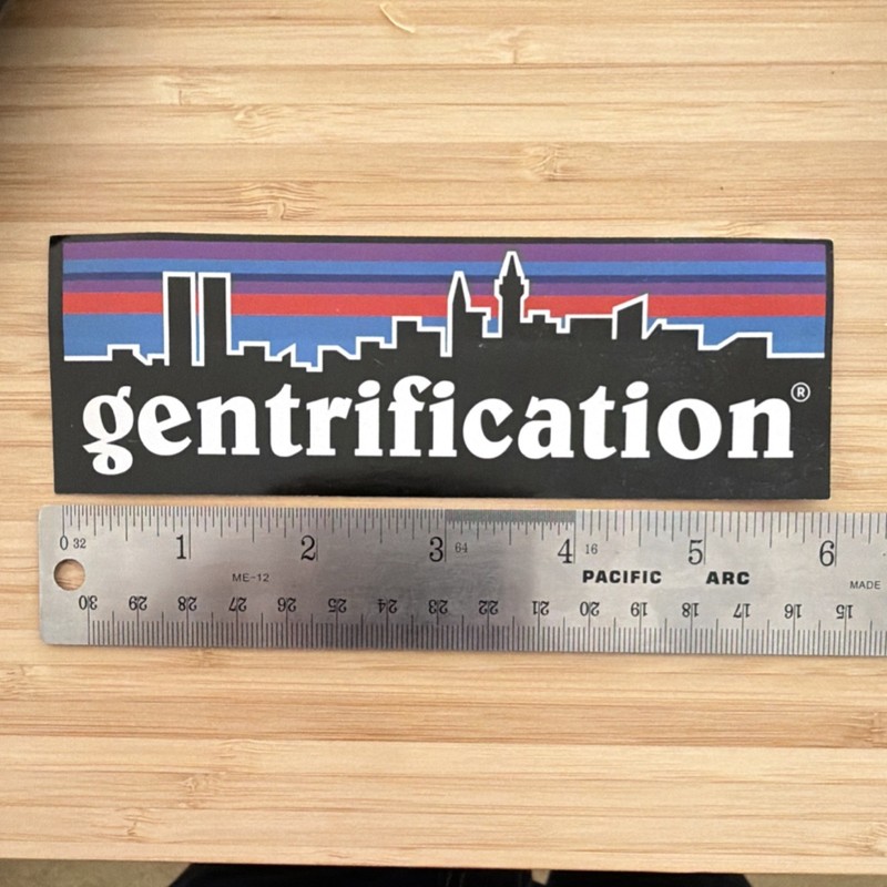 “Gentrification” City Skyline Vinyl Sticker Black White Blue Red Purple 6x2in