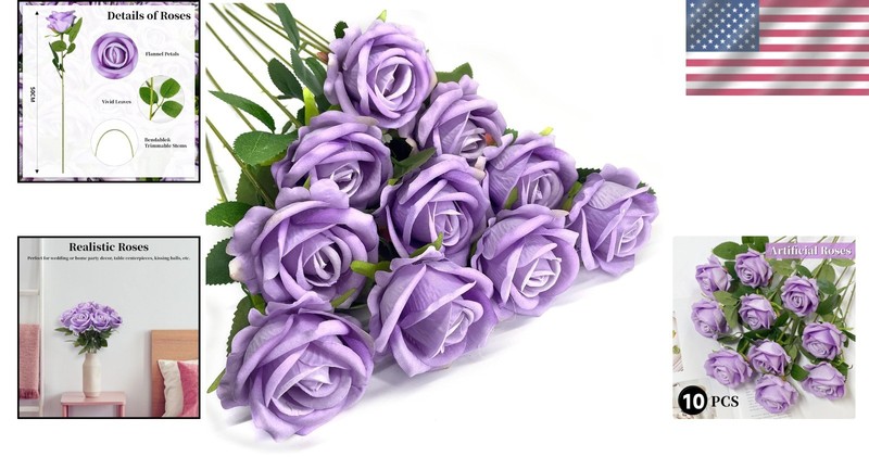10PCS Artificial Roses Flower with Stems Slik Fake Flowers Light Purple gallery