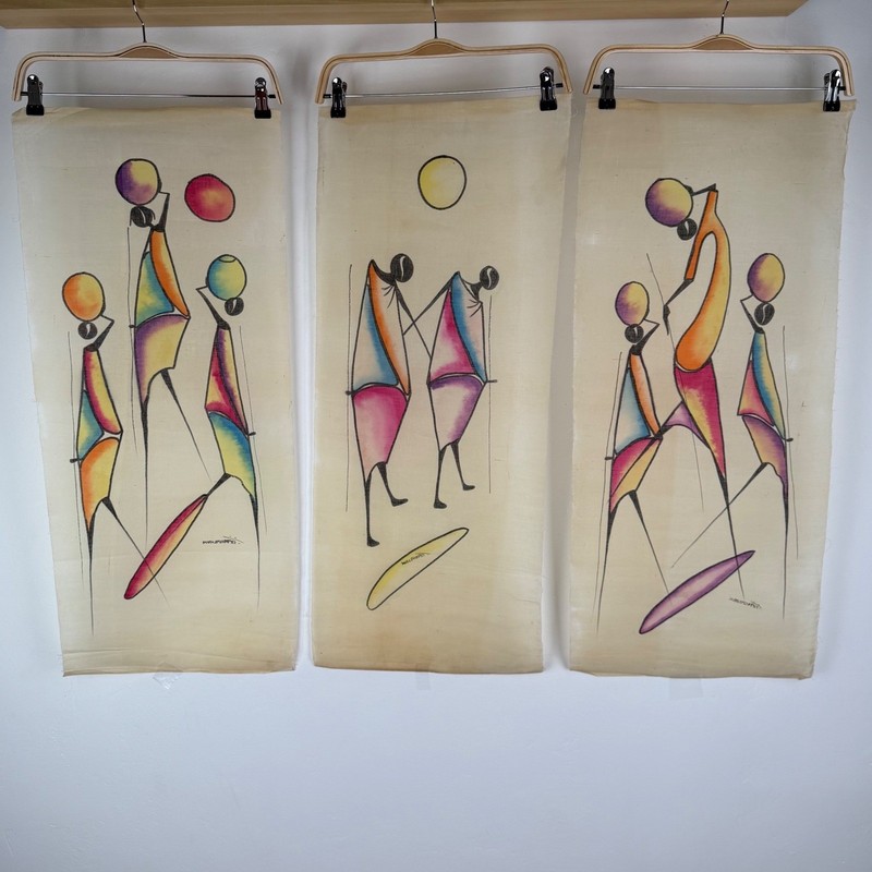 Vintage African Batik Fabric Wall Art Set of 3 Hand Painted 14×36 singed