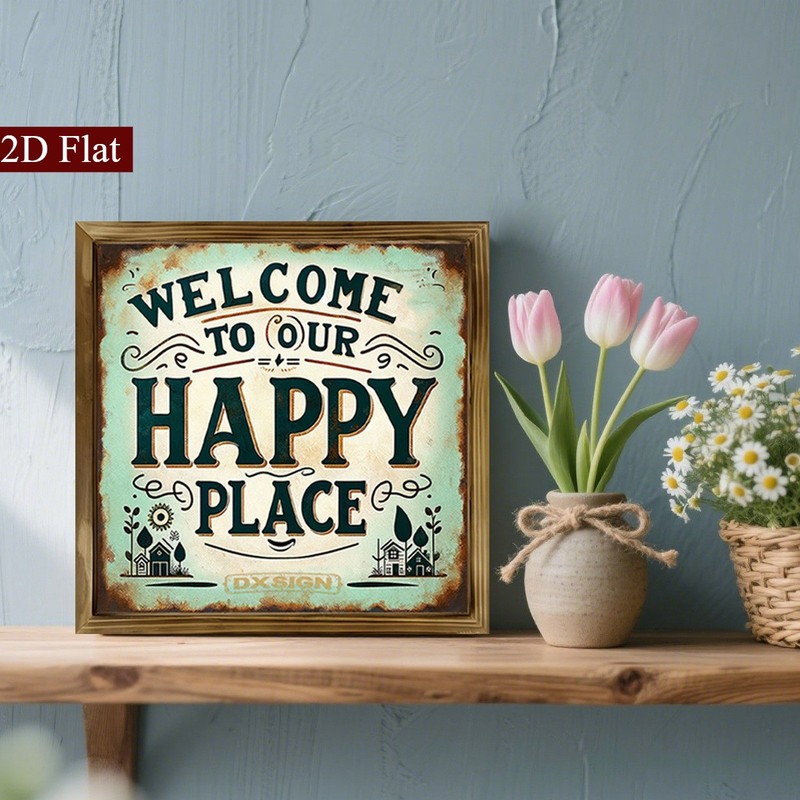 Playful “welcome To Our Happy Place”wooden Sign Rustic Farmhouse Decor Wall Art