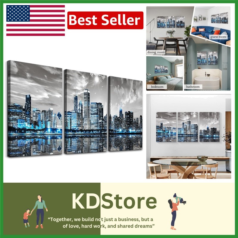 Chic Chicago Skyline Wall Art Set – Waterproof Canvas Prints for Home Decor